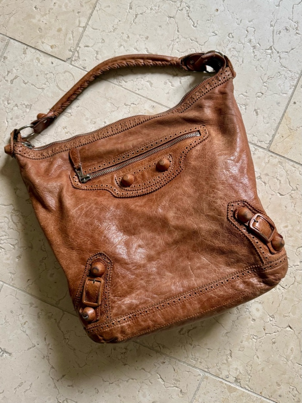 Balenciaga Vintage Motocross Brogue Day Hobo Bag, Brown Leather, FLAWS - Picture 2 of 16